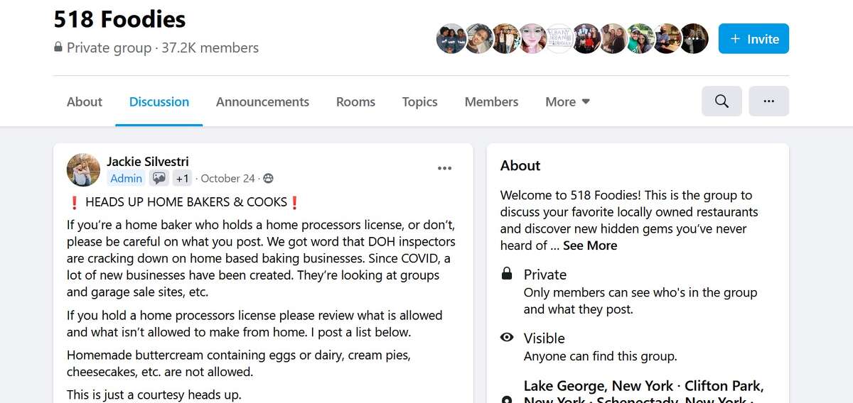 A post, dated Oct. 24, 2020, on the 518 Foodies Facebook from one of the administrators about home-based businesses and state Department of Health inspections.