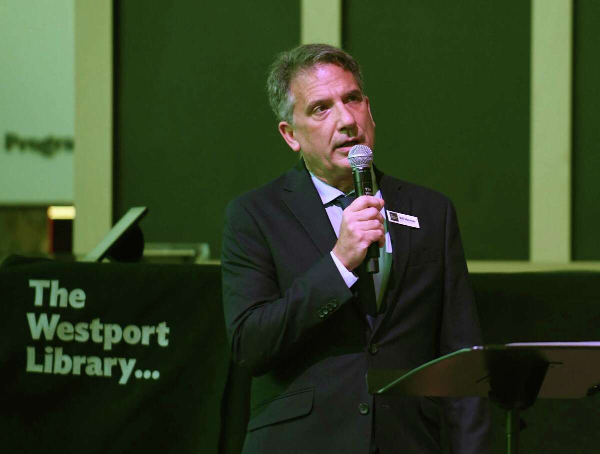 Westport Library Executive Director Bill Harmer introduces speakers for the Connecticut 4th Congressional District Debate at the Westport Library's Trefz Forum in Westport, Conn. Sunday, Oct. 18, 2020.