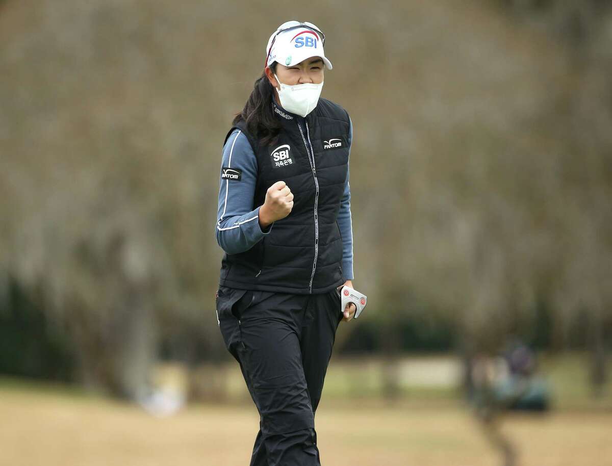 A Lim Kim of Korea reacts as she sinks a putt on the 18th hole to finish the day at three below parr and eventually winning the 75th Annual U.S. Women's Open at Champions Golf Club in Houston on Monday, Dec. 14, 2020.