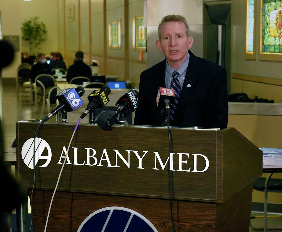 Dr. Dennis McKenna, President and CEO of Albany Medical Center, speaks to the media before his staff administers the first doses of Pfizer-BioNTech COVID-19 vaccine to the hospital's health care workers at Albany Medical Center on Monday, Dec. 14, 2020 in Albany, N.Y. (Lori Van Buren/Times Union)