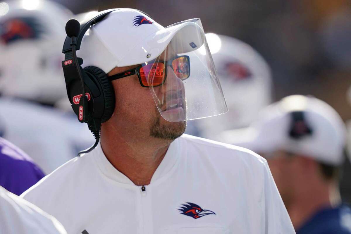 UTSA head coach Jeff Traylor watches his team play against Southern Mississippi during the first half of an NCAA college football game, Saturday, Nov. 21, 2020, in Hattiesburg, Miss. UTSA won 23-20. (AP Photo/Rogelio V. Solis)