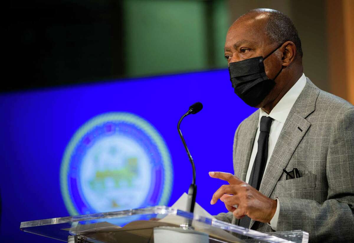Houston Mayor Sylvester Turner leads a press conference at the Houston City Hall, Monday, Dec. 14, 2020, about the upcoming arrival of COVID-19 vaccines to Houston’s hospitals and about an antibody testing survey that reveled that one in seven Houstonians have been infected with the coronavirus.