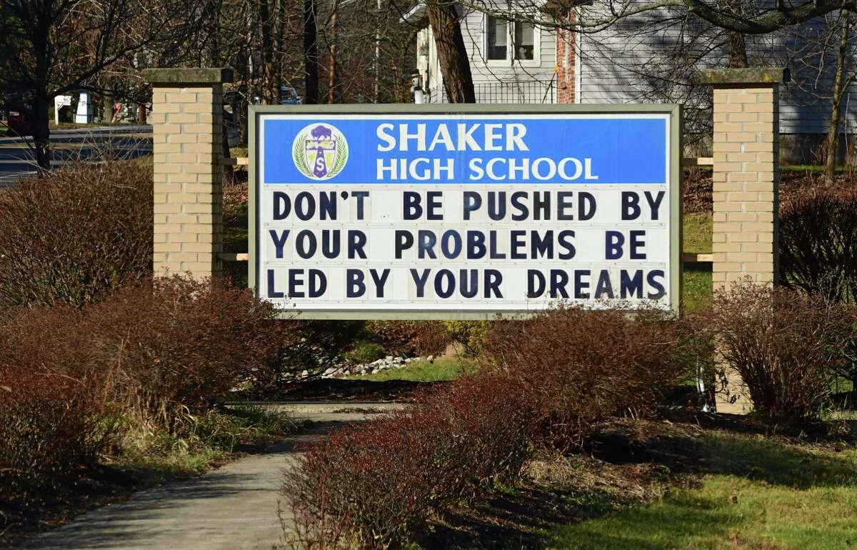 Sign for Shaker High School on Tuesday, Dec. 15, 2020 in Colonie, N.Y. More districts announced they are shifting entirely to remote learning until January. (Lori Van Buren/Times Union)