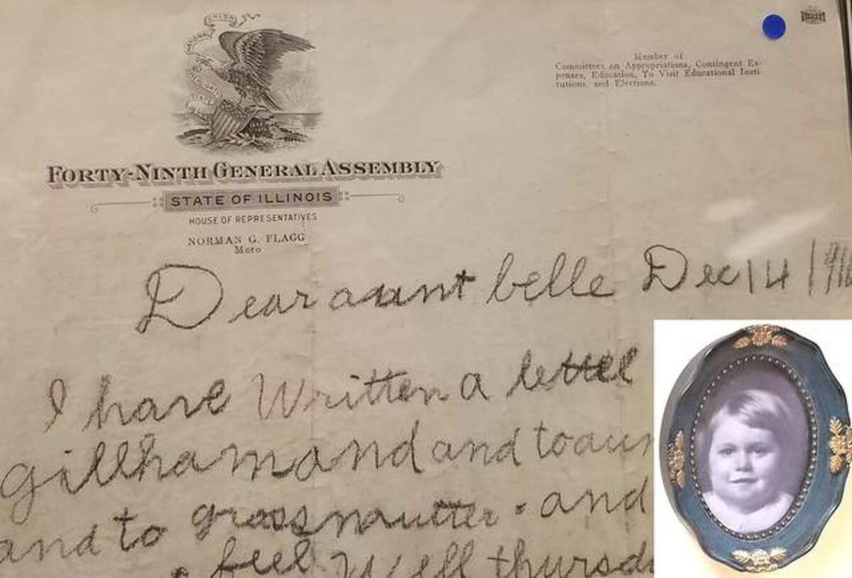Photographs from a Madison County Historical Museum include this letter on the stationery of state Rep. Norman G. Flagg, far from official business, written by the Flagg’s son, James Smith Flagg at age 2 in 1916.