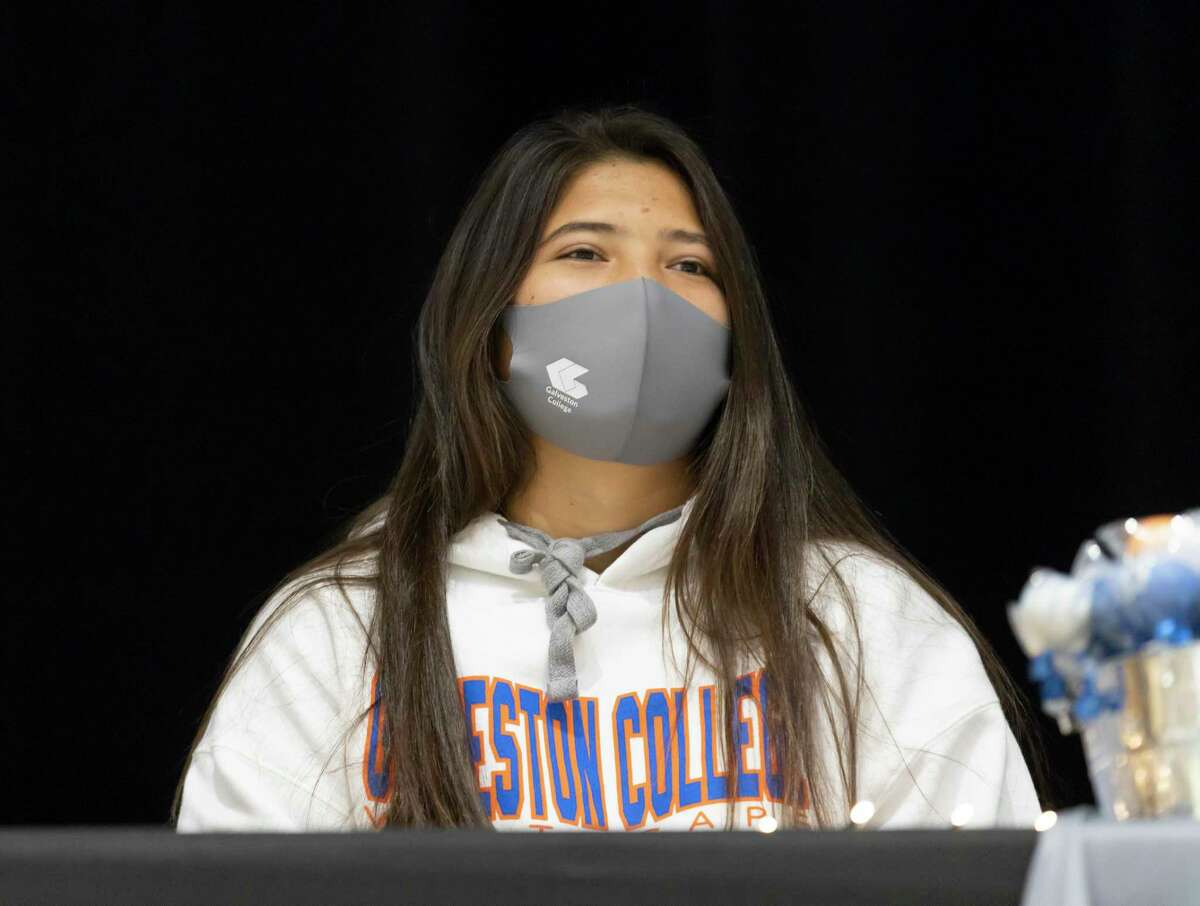 Marissa Fletcher, who signed with Galveston College's softball team, looks out to the crowd during a National Signing Day ceremony at Willis High School, Wednesday, Dec. 16, 2020, in Willis.