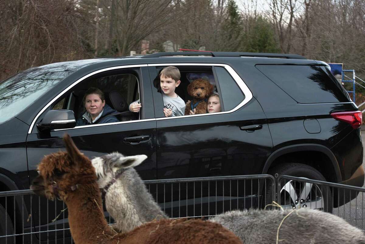 John, Lauren, and dog, Blake Ely, check out livestock at the drive-by living nativity on Sunday, Dec. 13.