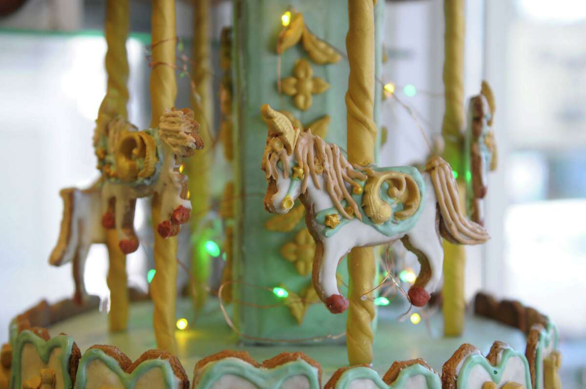 Heron American Craft Gallery in Kent is host to this sweet carousel, a 100% edible creation that defies gravity and is among the entries in this year’s Kent Gingerbread Festival. The festival is among the largest in Connecticut and runs through December.