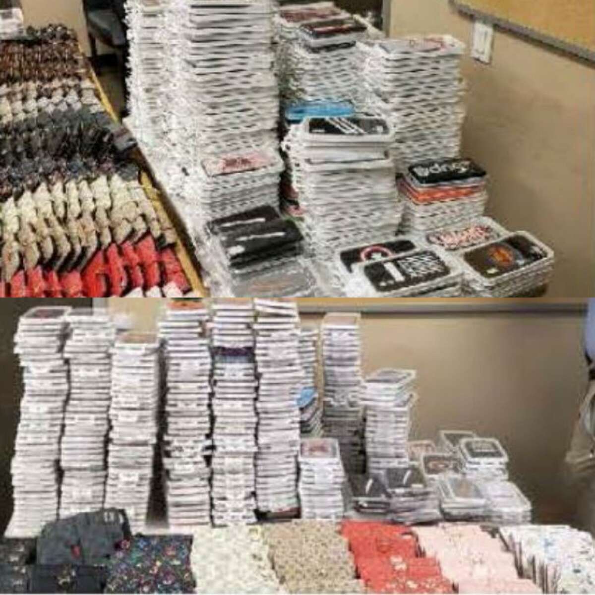 Items reportedly counterfeiting luxury brands and recently seized from The Woodlands Mall by Montgomery County Sheriff's detectives are seen stacked on tables.