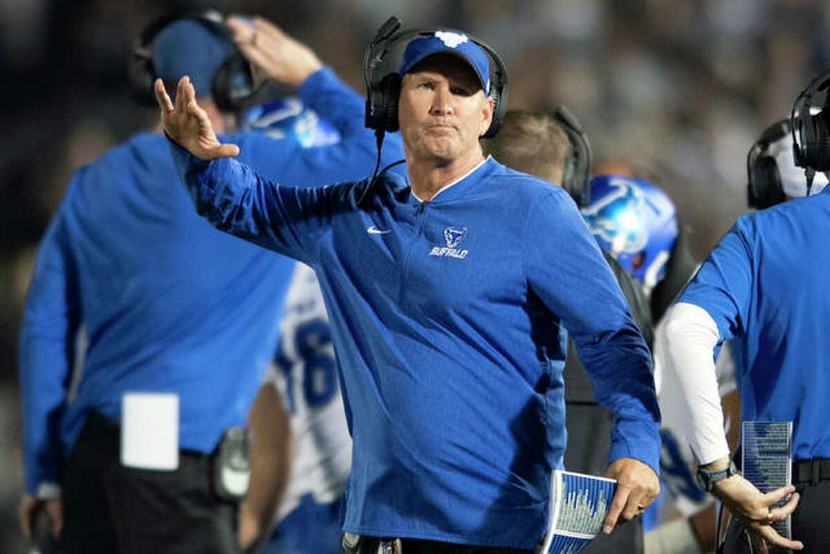 University at Buffalo head coach Lance Leipold reacts to a call during a game against Penn State last season. Leipold could be a candidate for the vacant coaching job at the University of Illinois.