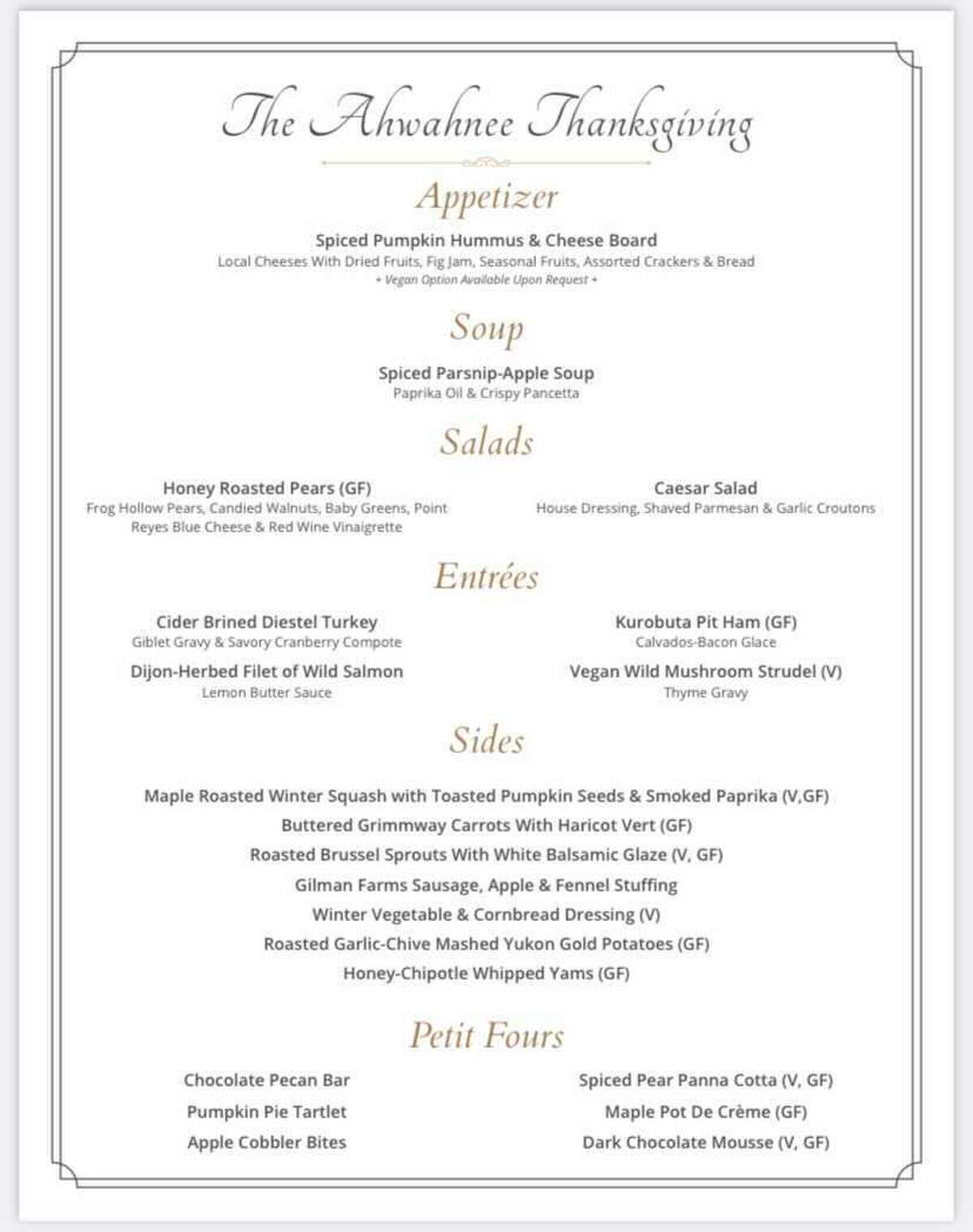 The menu from the Ahwahnee Hotel's 2020 Thanksgiving feast.