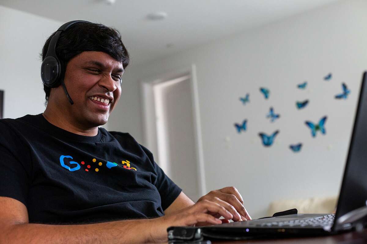 Google engineer Kiran Kaja uses his Braille keyboard to work from his Sunnyvale home.