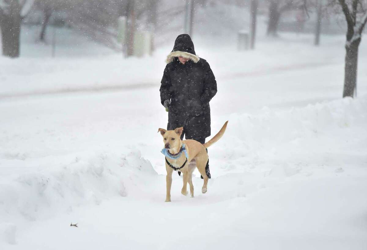 Branford, Connecticut - Thursday, December 17, 2020: Naomi Kunstler of Branford takes her labrador-mix Macklyn for an early Thursday morning snowy walk along Montowese Street in Branford.