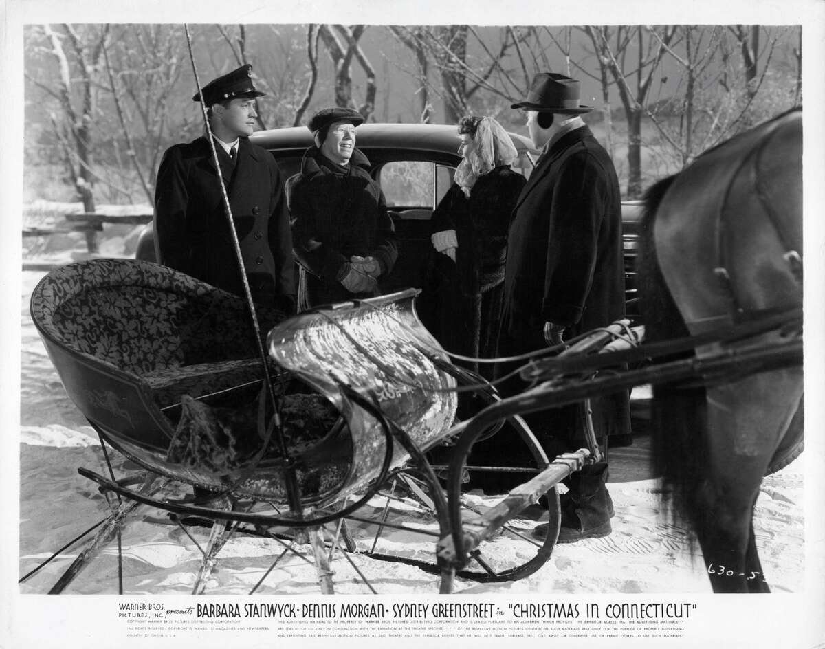 A runaway horse-drawn sleigh allows magazine food writer Elizabeth Lane (Barbara Stanwyck) and war hero Jefferson Jones (Dennis Morgan) a chance to escape for some alone time in 1945’s “Christmas in Connecticut.” (But then the police catch up, shown here.) It’s believed the character of Elizabeth Lane was loosely based on author Gladys Taber, a popular columnist at the time for magazines such as Ladies’ Home Journal. Taber, who lived at Stillmeadow Farm in Southbury, wrote nearly 60 books, as well as a column in the 1930s and 1940s called “Diary of Domesticity.” Elizabeth Lane’s column is “Diary of a Housewife.”