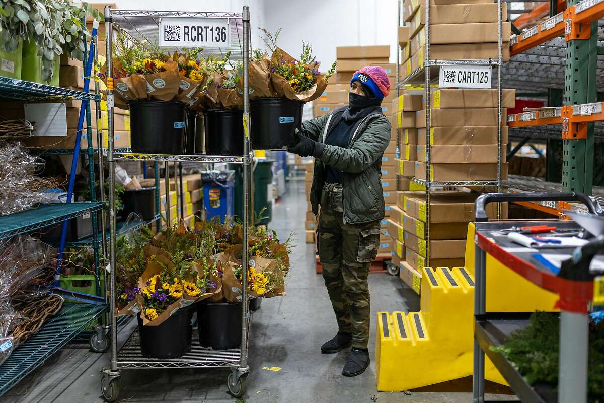 Liliana Libreros, receiving specialist, sorts flowers at the Good Eggs warehouse in Oakland on Friday.