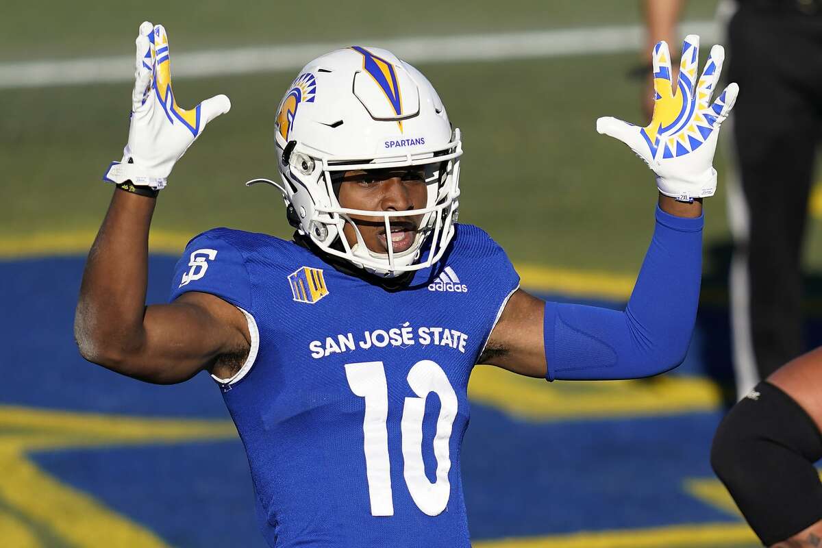 San Jose State wide receiver Tre Walker (10) celebrates after scoring a touchdown against Boise State during the first half of an NCAA college football game for the Mountain West championship, Saturday, Dec. 19, 2020, in Las Vegas. (AP Photo/John Locher)
