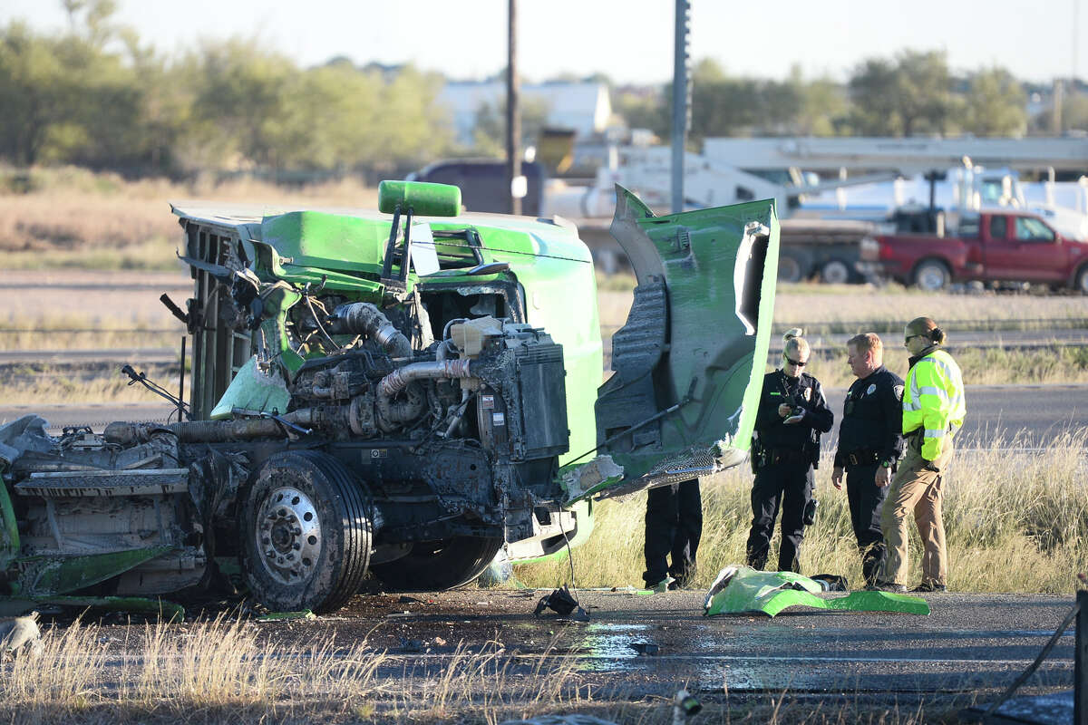 Midland Police work the scene of an accident involving oilfield truck traffic Nov. 13, 2018, on Interstate 20 near the Rankin Highway exit. Permian Strategic Partnership and Permian Road Safety Coalition are providing life-saving  equipment to first responders.
