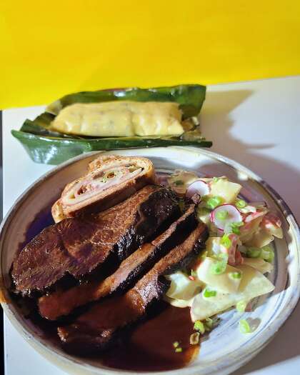 Asado negro-style beef, pan de jamon and other Venezuelan holiday eats for New Year's Eve from San Francisco pop-up Arepas en Bici.