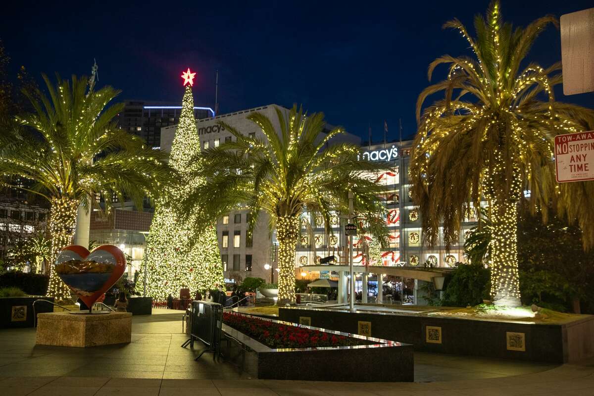 Holiday lights are on display in Union Square on December 21, 2020 in San Francisco, California.