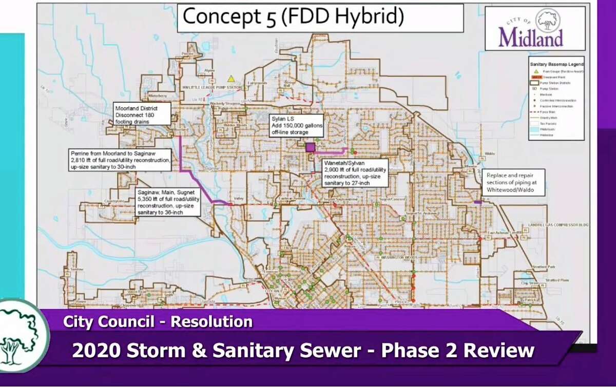 A diagram shows what the "Concept 5" improvement project would entail for the City of Midland's sewer system. (Screen photo/MCTV)