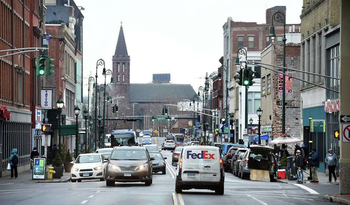The view down Chapel Street in New Haven toward the intersection with Church Street in Jan., 2020.