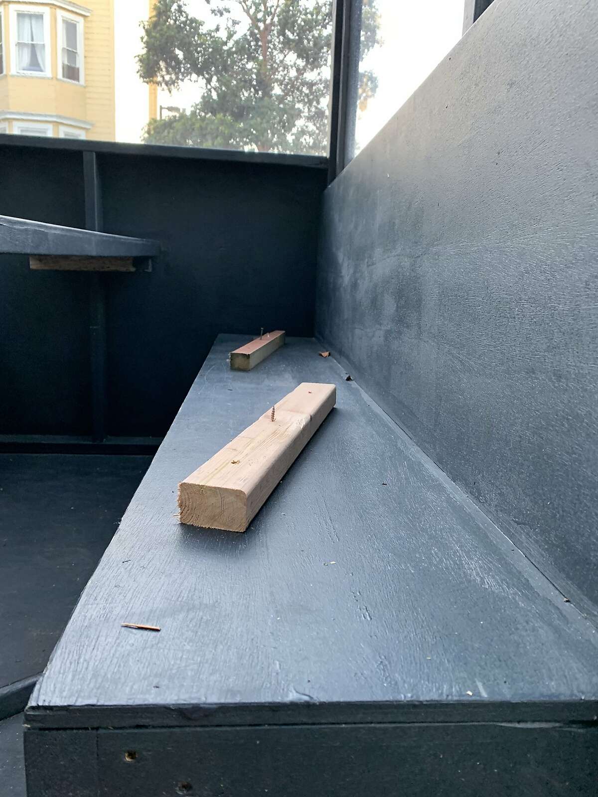 The dining parklet at the Valencia Room, a Mission bar at the center of a controversy over exposed nails in its parklet. The bar says it was vandalized, but a homelessness expert says the nails were an attempt to deter people seeking shelter.