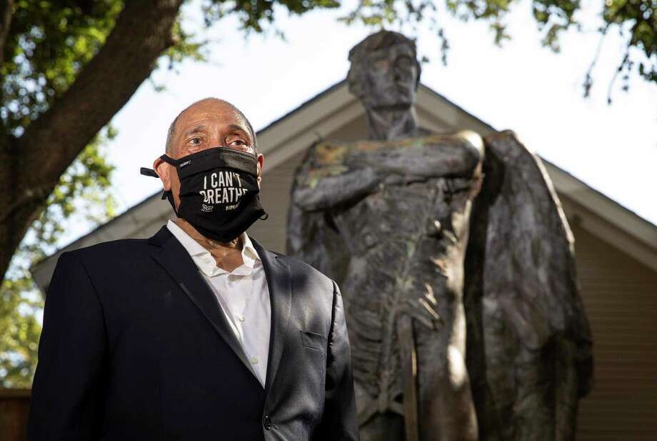 John Guess, Jr., CEO of the Houston Museum of African American Culture, poses for a portrait next to "Spirit of the Confederacy," the statue removed from Sam Houston Park in June, on Tuesday, Aug. 18, 2020, at the museum in Houston. “This isn’t about the monument. It’s about having a multi-cultural conversation on race,” Guess said. Photo: Jon Shapley, Staff Photographer / © 2020 Houston Chronicle