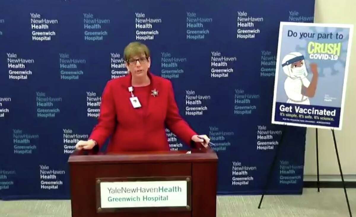 Greenwich Hospital PresidentDiane Kelly speaks during a Zoom press conference in December. Kelly said the hospital will terminate employees who are not vaccinated or refuse weekly COVID tests. The hospital will also offer more Pfizer vaccine COVID shots starting Oct. 2.