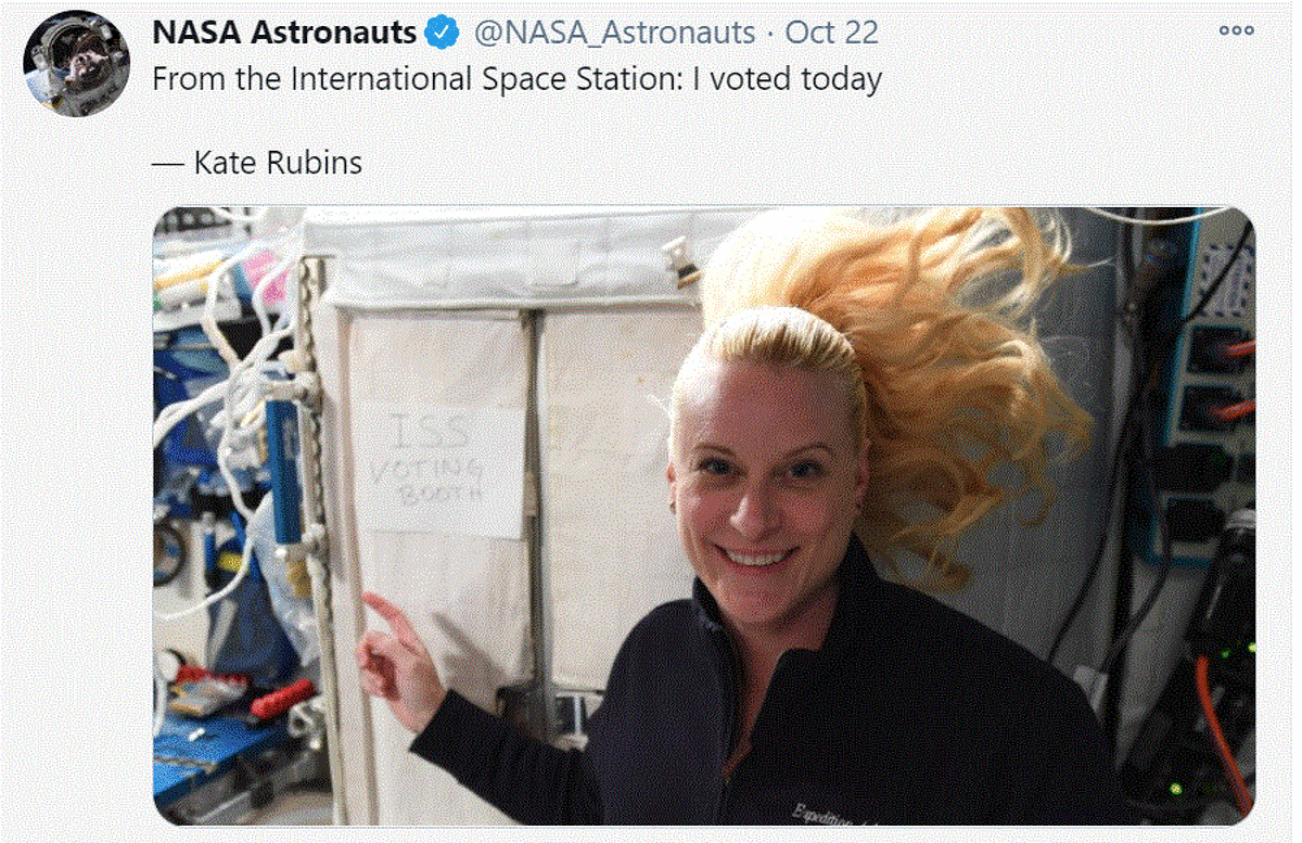 NASA astronaut Kate Rubins votes in Space during the 2020 presidential election.