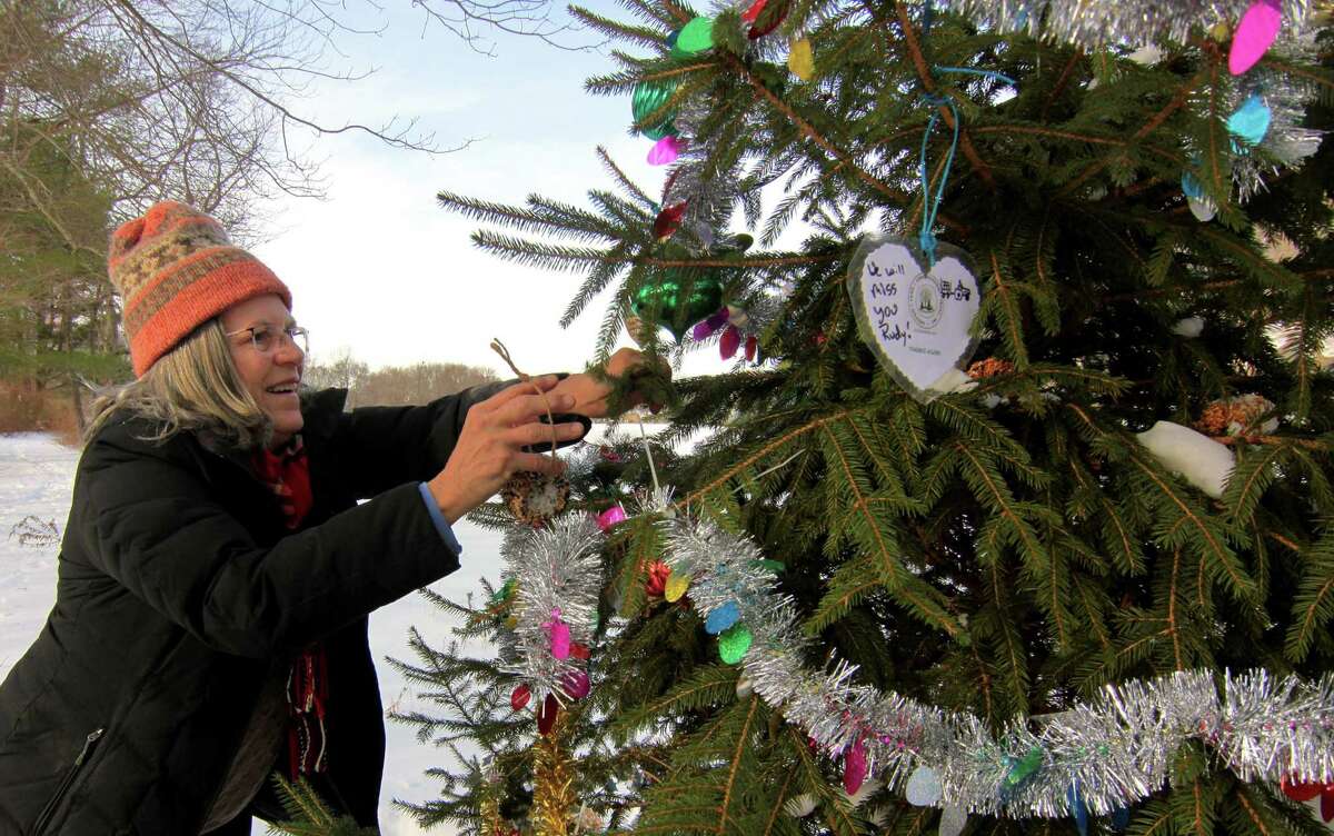 Mary King, a member of the Shelton Land Conservation Trust, helps to decorate a
