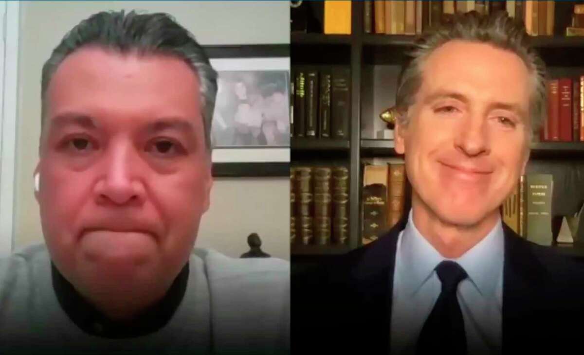 This photo taken from video provided by the Office of the Governor shows California Gov. Gavin Newsom, right, during a virtual meeting from his home in Sacramento, Calif., with California Secretary of State Alex Padilla on Tuesday, Dec. 22, 2020. Newsom appointed Padilla as the state's next U.S. senator to fill the seat being vacated by Vice President-elect Kamala Harris.