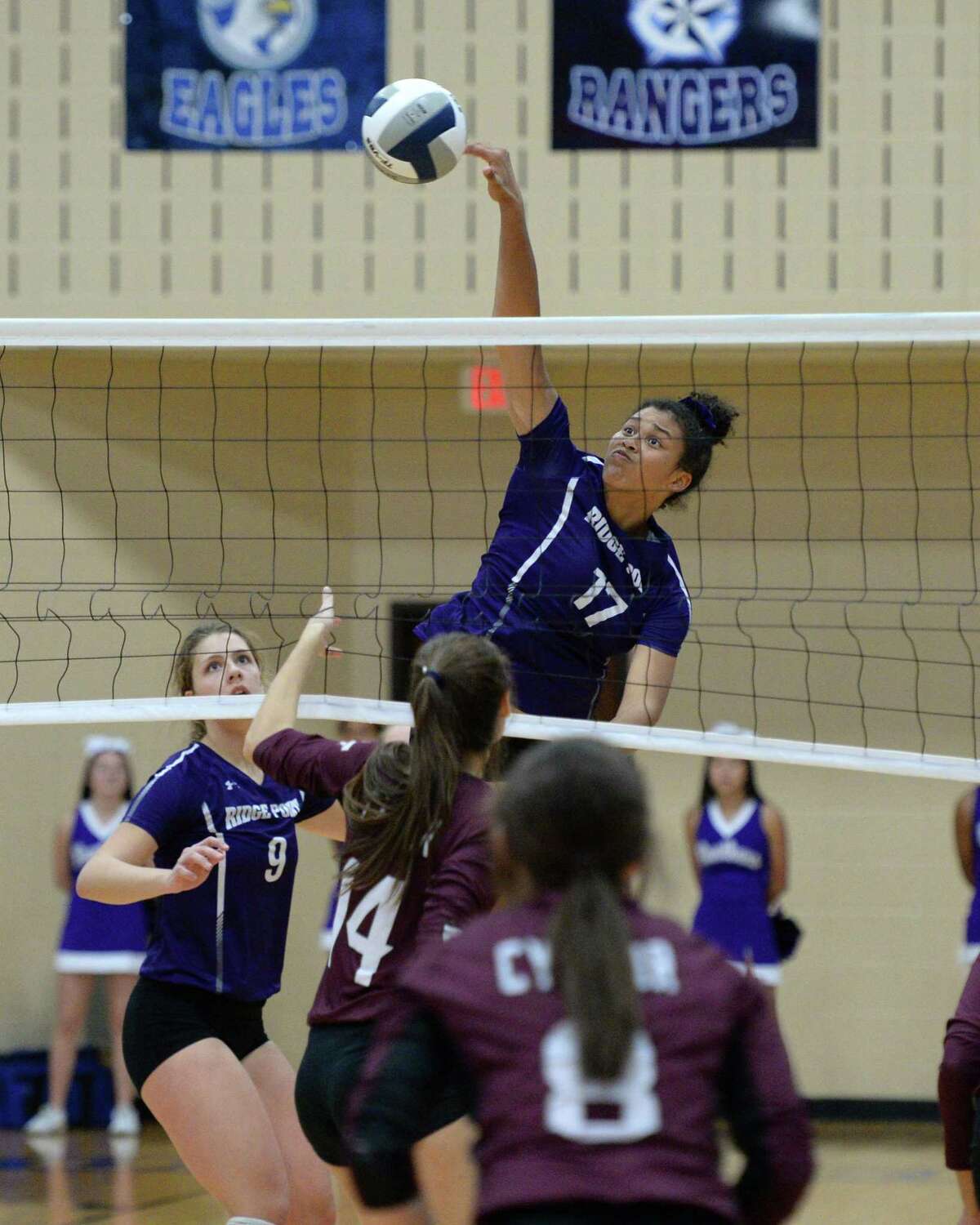 Alexis Roberson (17) of Ridge Point attempts a kill shot during the second set of the Region III-6A Final volleyball match between the Ridge Point Panthers and the Cy-Fair Bobcats on Saturday, November 16, 2019 at Wheeler Fieldhouse, Sugar Land, TX.