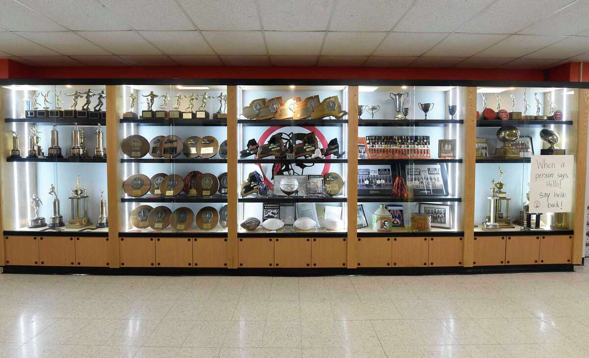 Trophy case outside the gymnasium at Cambridge High School on Tuesday, Dec. 22, 2020 in Cambridge, N.Y. (Lori Van Buren/Times Union)