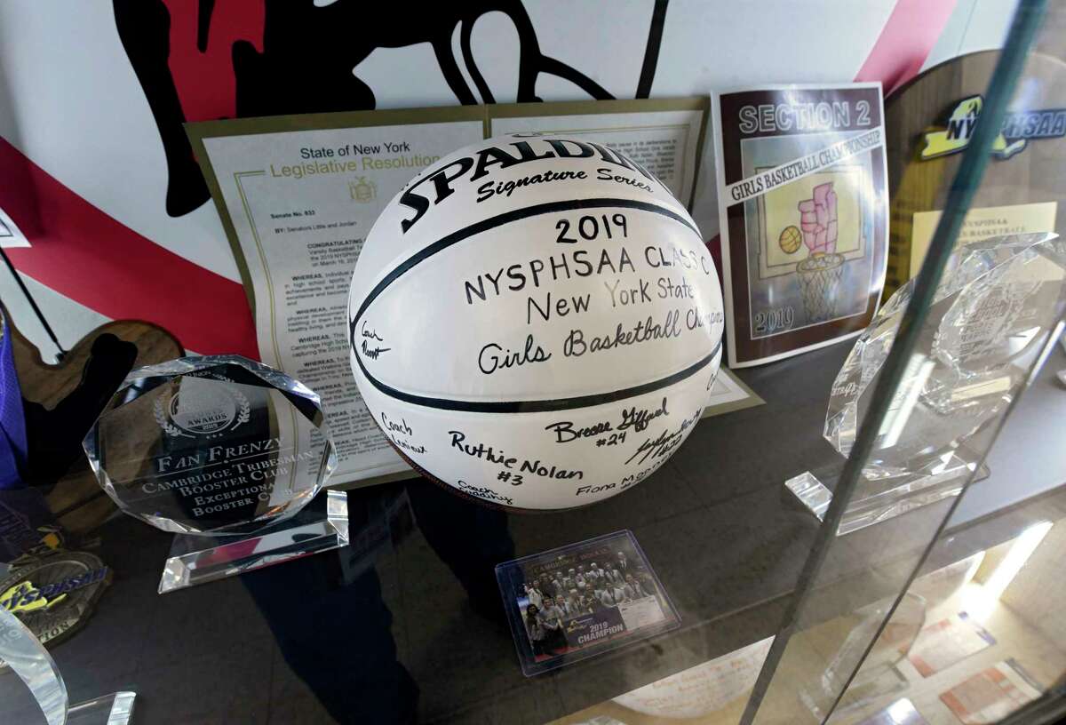 Trophy case outside the gymnasium at Cambridge High School on Tuesday, Dec. 22, 2020 in Cambridge, N.Y. (Lori Van Buren/Times Union)