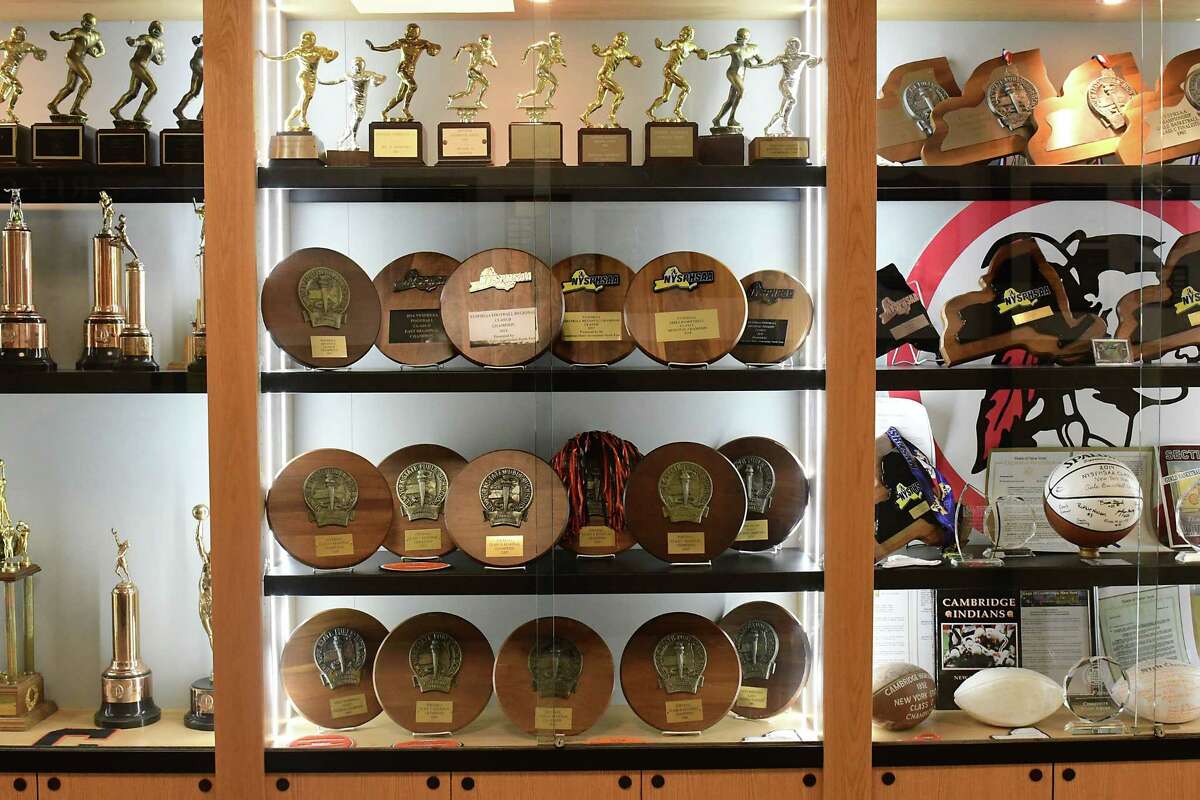 Trophy case outside the gymnasium at Cambridge High School on Tuesday, Dec. 22, 2020 in Cambridge, N.Y. (Lori Van Buren/Times Union)