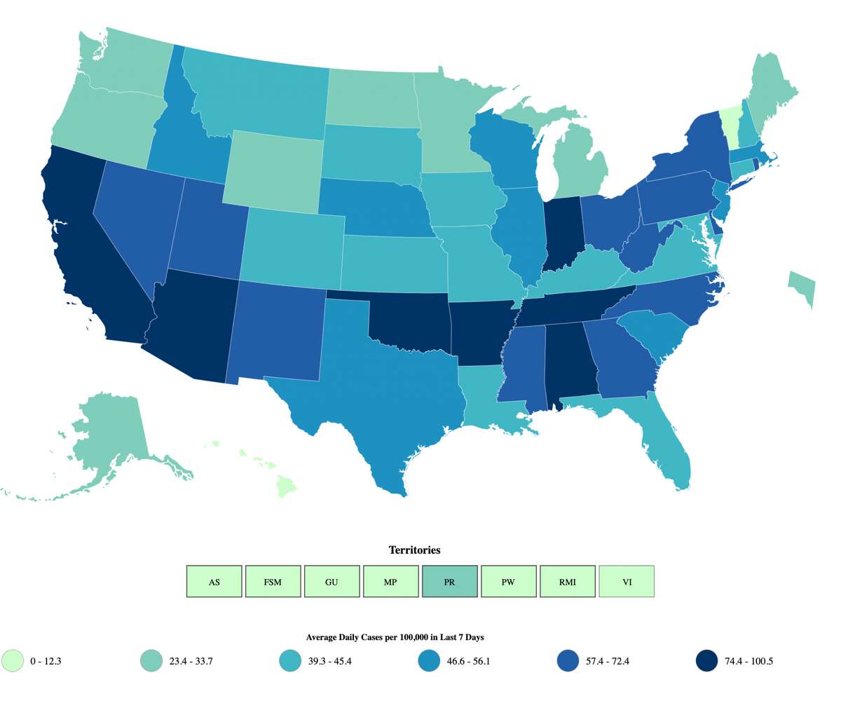 A map from the U.S. Centers for Disease Control and Prevention shows the average daily cases per 100k in in the last seven days for all 50 states as of Dec. 26, 2020.