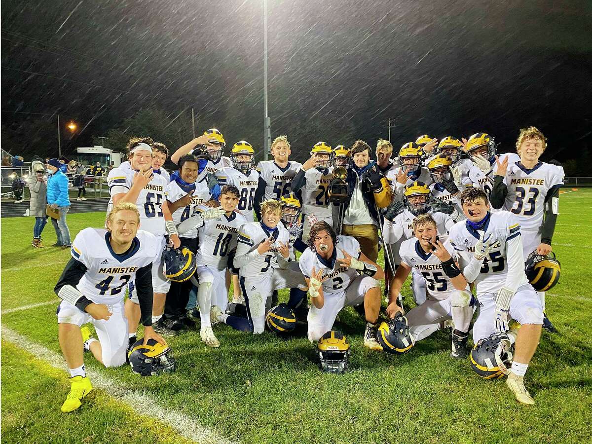 The Manistee Chippewas celebrate a rivalry victory over Ludington this season. Nick Weaver (back row, No. 56) was named second team All-State as a lineman in Division 5-6 football. (News Advocate file photo)