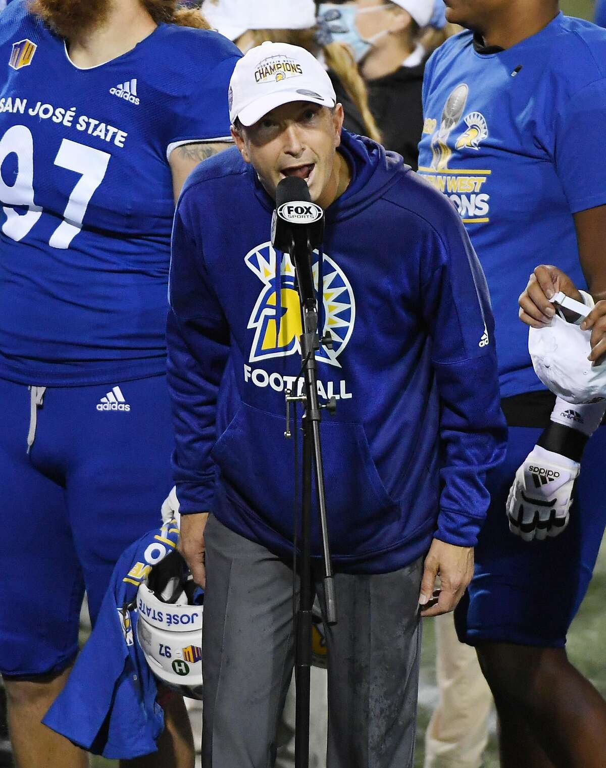 LAS VEGAS, NEVADA - DECEMBER 19: Head coach Brent Brennan of the San Jose State Spartans speaks after his team defeated the Boise State Broncos 34-20 to win the Mountain West Football Championship at Sam Boyd Stadium on December 19, 2020 in Las Vegas, Nevada. (Photo by Ethan Miller/Getty Images)