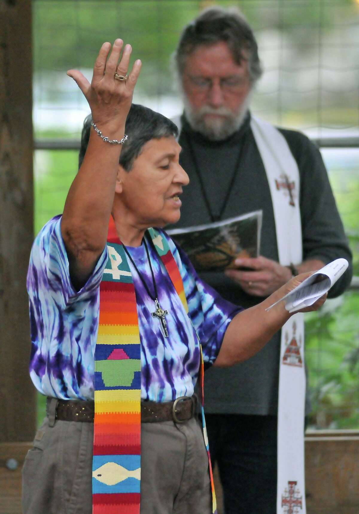 Nickie Valdez, the co-founder and president of Dignity San Antonio, leads a reading at Beacon Hill Presbyterian Church in 2012. Valdez, 80, died Dec. 25, 2020, after an eight-year battle with multiple myeloma.