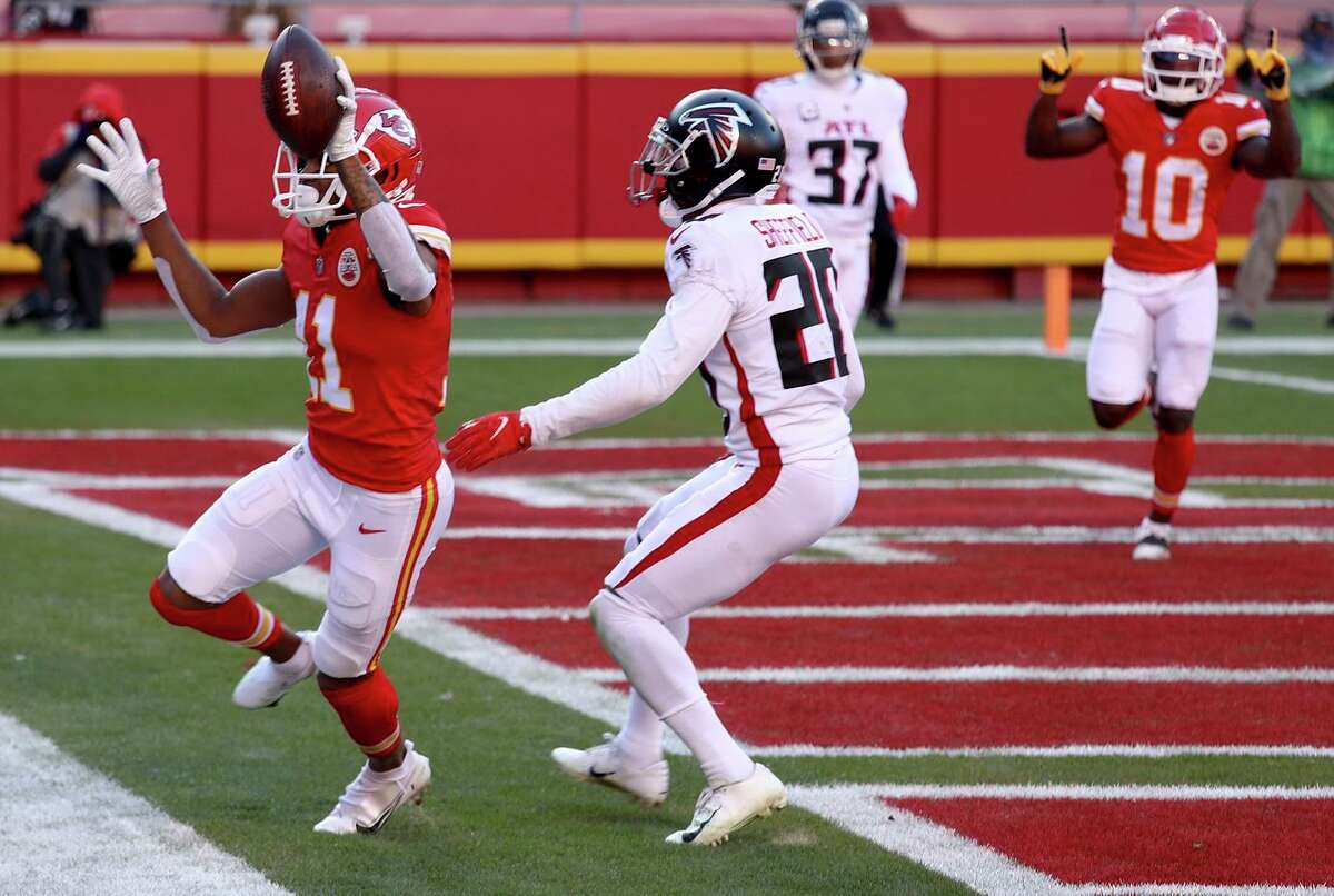 Demarcus Robinson of the Kansas City Chiefs celebrates a fourth-quarter touchdown in a 17-14 win against the Atlanta Falcons. The win propelled the Chiefs to a 14-1 record.