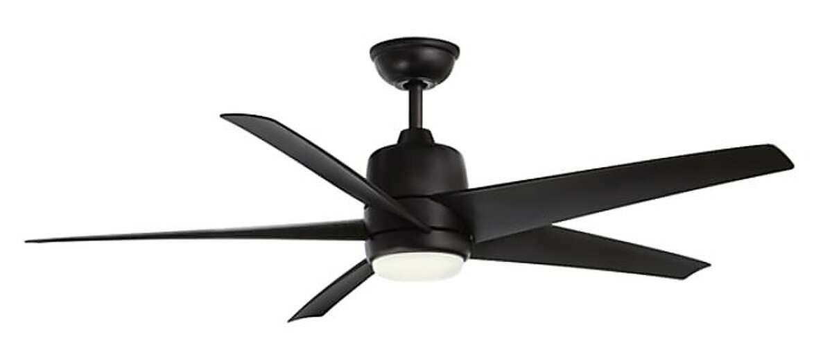 An image of the recalled Hampton Bay 54-inch Mara Indoor/Outdoor ceiling fan in matte black finish. More than 180,000 fans, all of which were sold at Home Depot stores, were recalled in the U.S. following consumer reports that its blades detached during use, causing property damage and injuring at least two people.