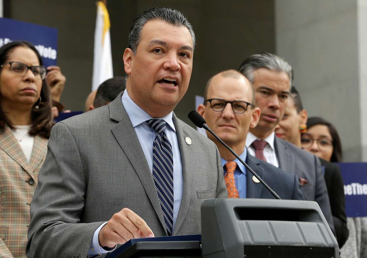 Alex Padilla talks during a news conference in Sacramento on Jan. 28, 2019. He was sworn in to the U.S. Senate on Wednesday.
