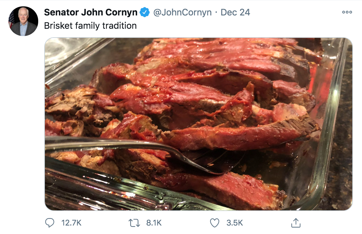 Internet roasts John Cornyn over Christmas brisket tweet