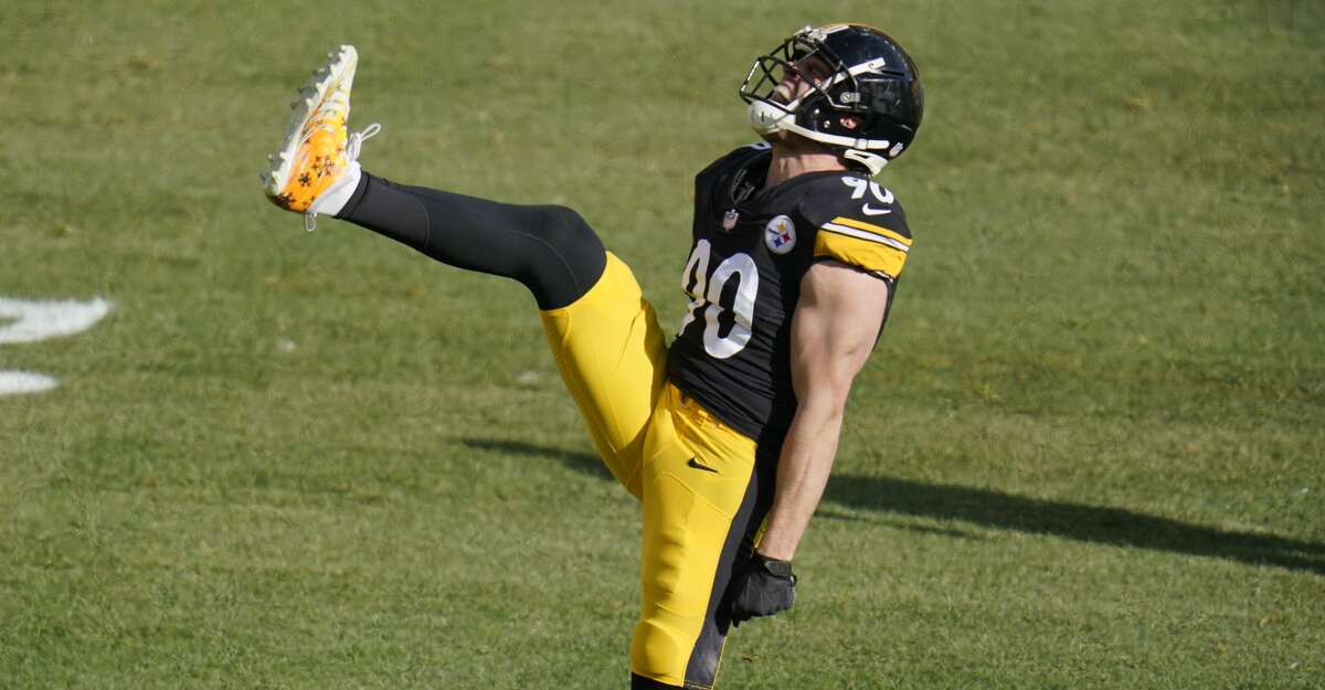 Pittsburgh Steelers outside linebacker T.J. Watt (90) celebrates a defensive play against the Indianapolis Colts during the first half of an NFL football game, Sunday, Dec. 27, 2020, in Pittsburgh. (AP Photo/Gene J. Puskar)