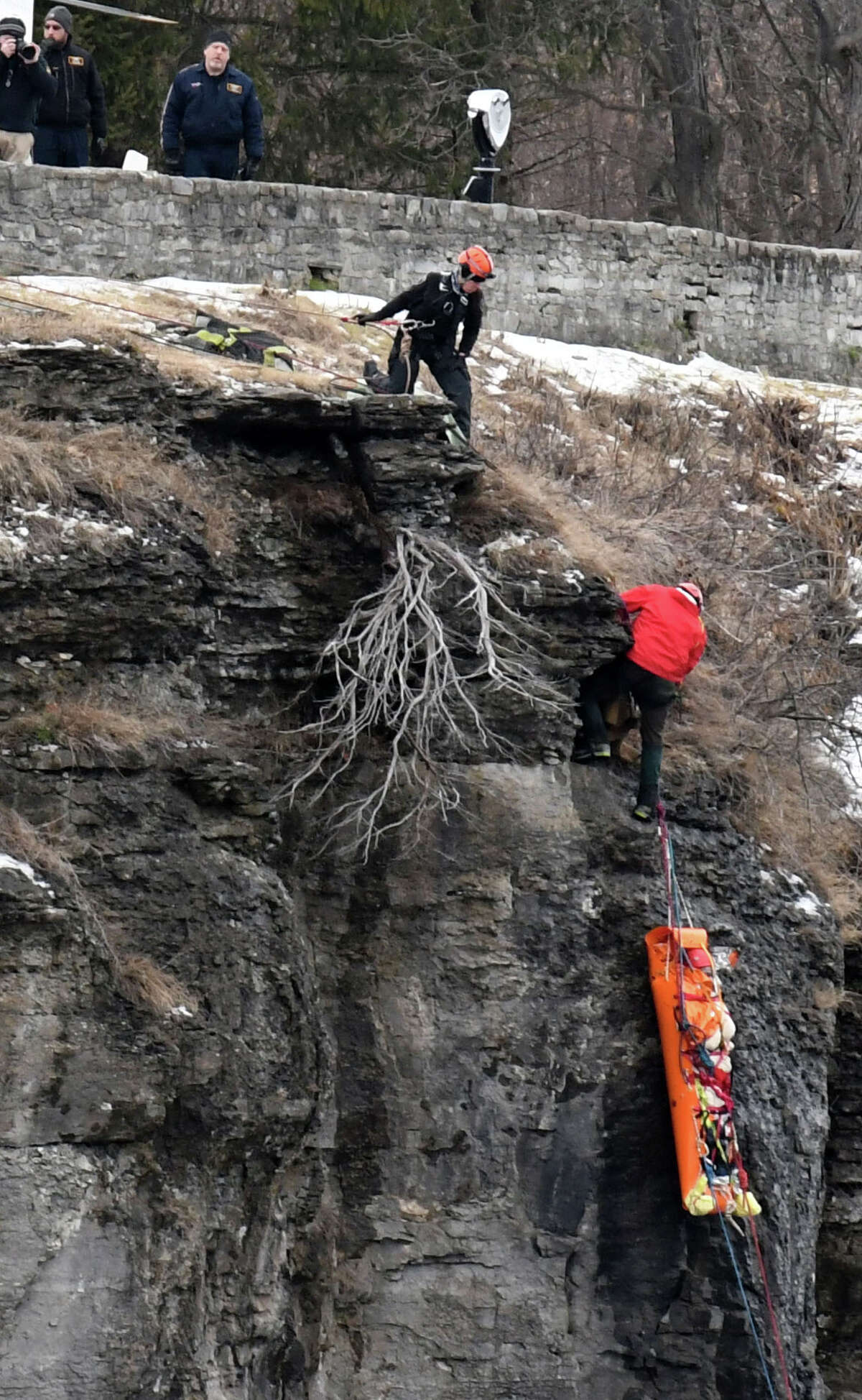 Zachary L. Barrantes, 25, is rescued from the John Boyd Thacher State Park escarpment on Friday, Jan. 3, 2020, in New Scotland, N.Y. Barrantes went missing on New Year's Eve after taking an Uber to the popular Albany County lookout. He survived three days of frigid temperatures. A rescue team discovered him Friday morning. (Will Waldron/Times Union)