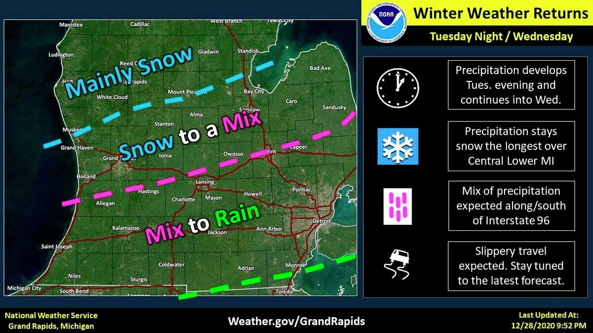 Areas of central Lower Michigan could see up to 6 inches of snow, with Gladwin County forecast to get 3 to 5 inches, according to the NWS. Reduced visibility and slick roads are expected to lead to hazardous travel through Wednesday. (National Weather Service/Grand Rapids)