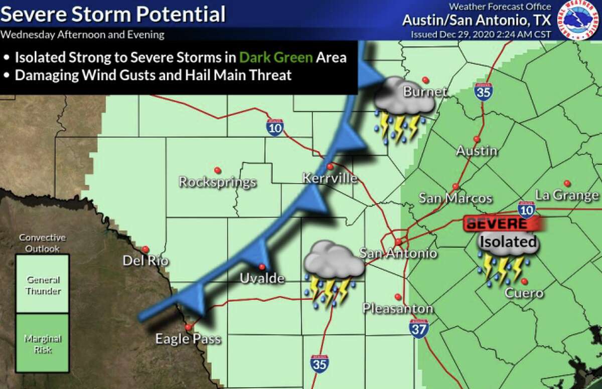 A cold front threatens to bring a wintry mix to the San Antonio area Wednesday afternoon through Thursday, according to the National Weather Service.