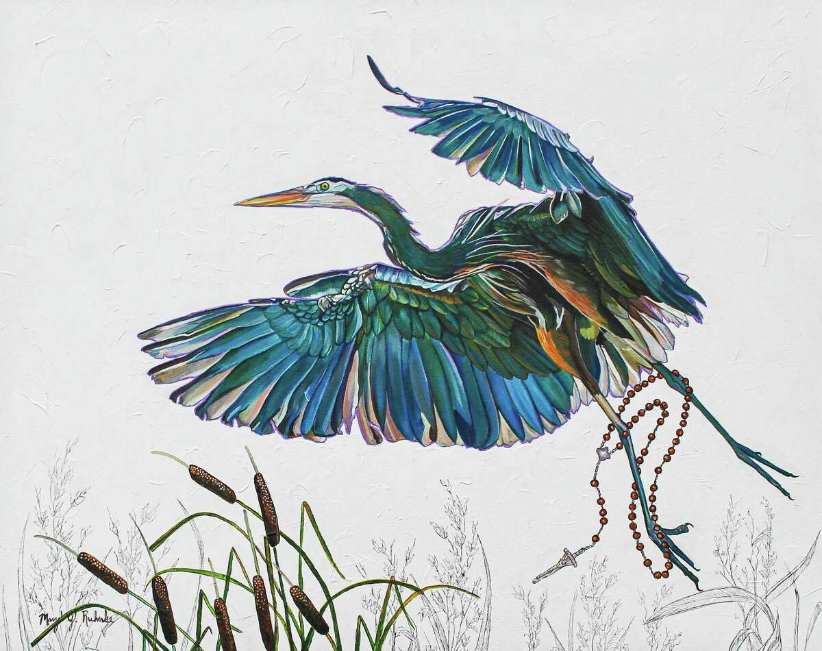 “Keeping The Faith” by Mary Jean Ruhnke. The St. Hedwig artist painted a great blue heron with a rosary as a symbol of her faith during the ongoing pandemic.