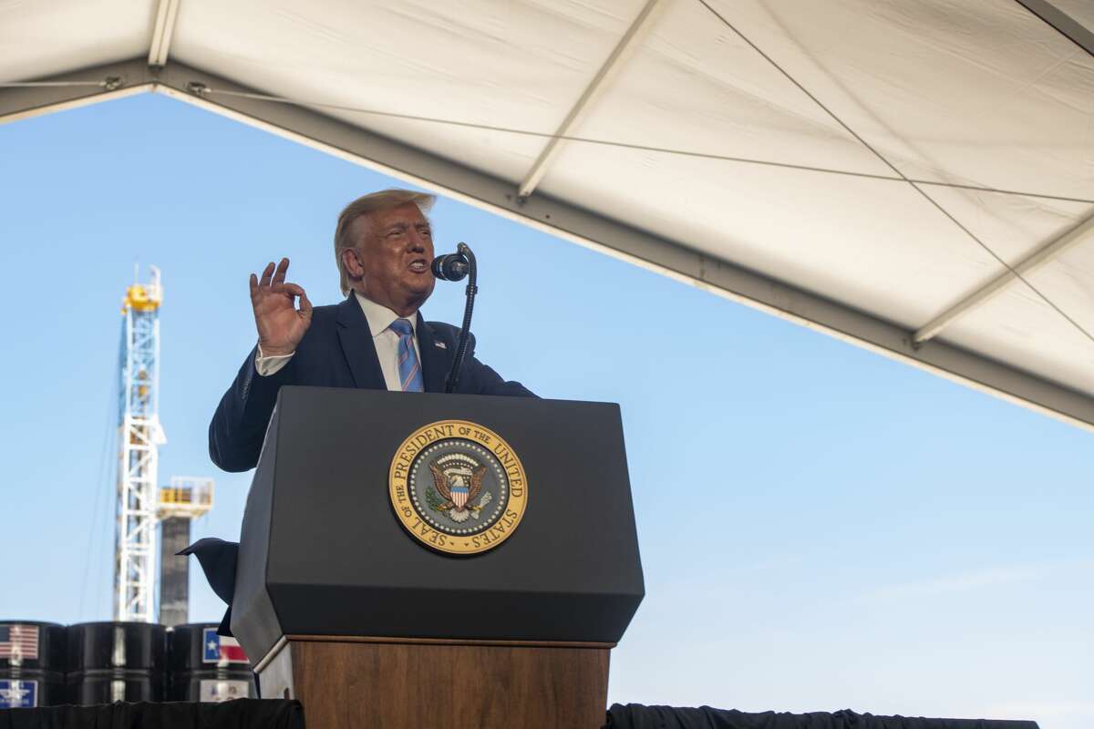 President Donald Trump talks to a crowd July 29 at Double Eagle Energy Latshaw Rig No. 43 in Midland County.