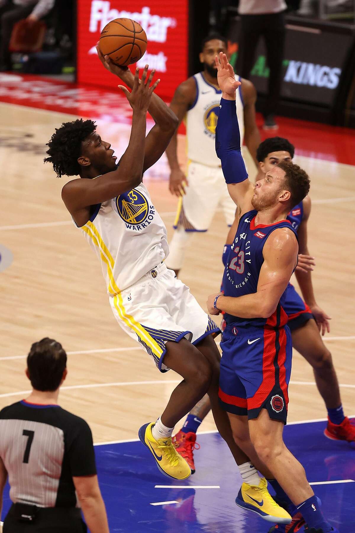 Warriors rookie James Wiseman, shooting over Detroit’s Blake Griffin, had six points, six rebounds and six fouls.