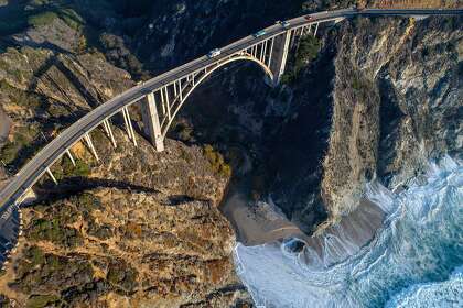 Tourists stop for selfies on the Bixby Bridge outside Big Sur.